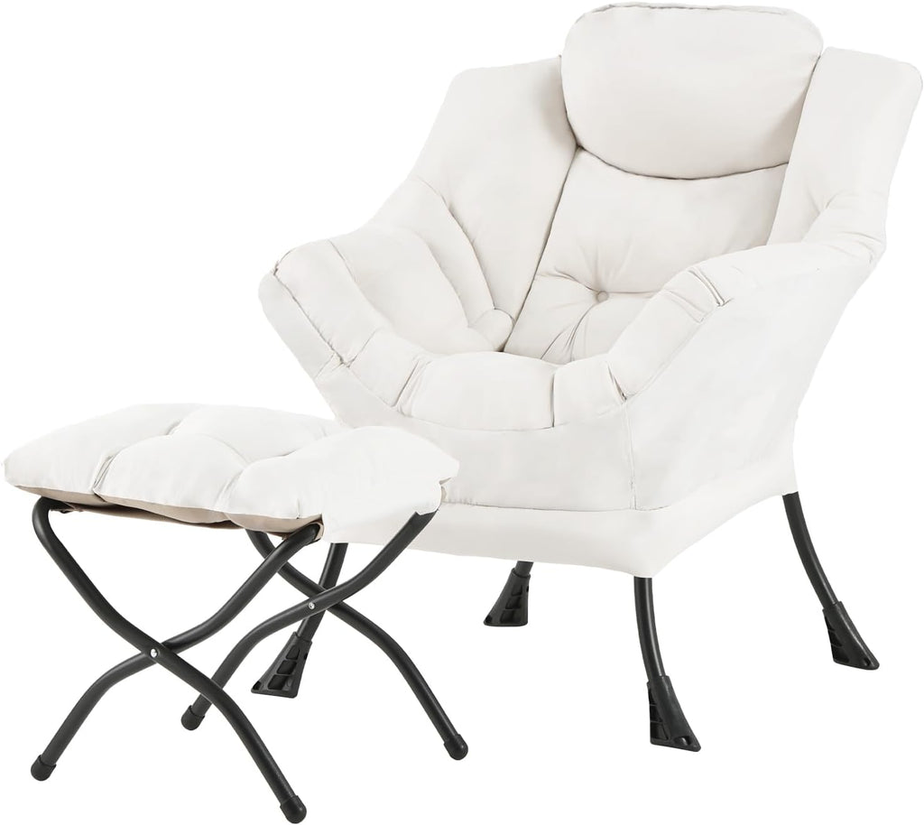 Welnow Lazy Chair with Ottoman, Modern Reading Accent Chair with Armrests and a Side Pocket, Leisure Upholstered Lazy Sofa Set with Footrest for Small Space, Beige