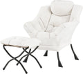 Welnow Lazy Chair with Ottoman, Modern Reading Accent Chair with Armrests and a Side Pocket, Leisure Upholstered Lazy Sofa Set with Footrest for Small Space, Beige