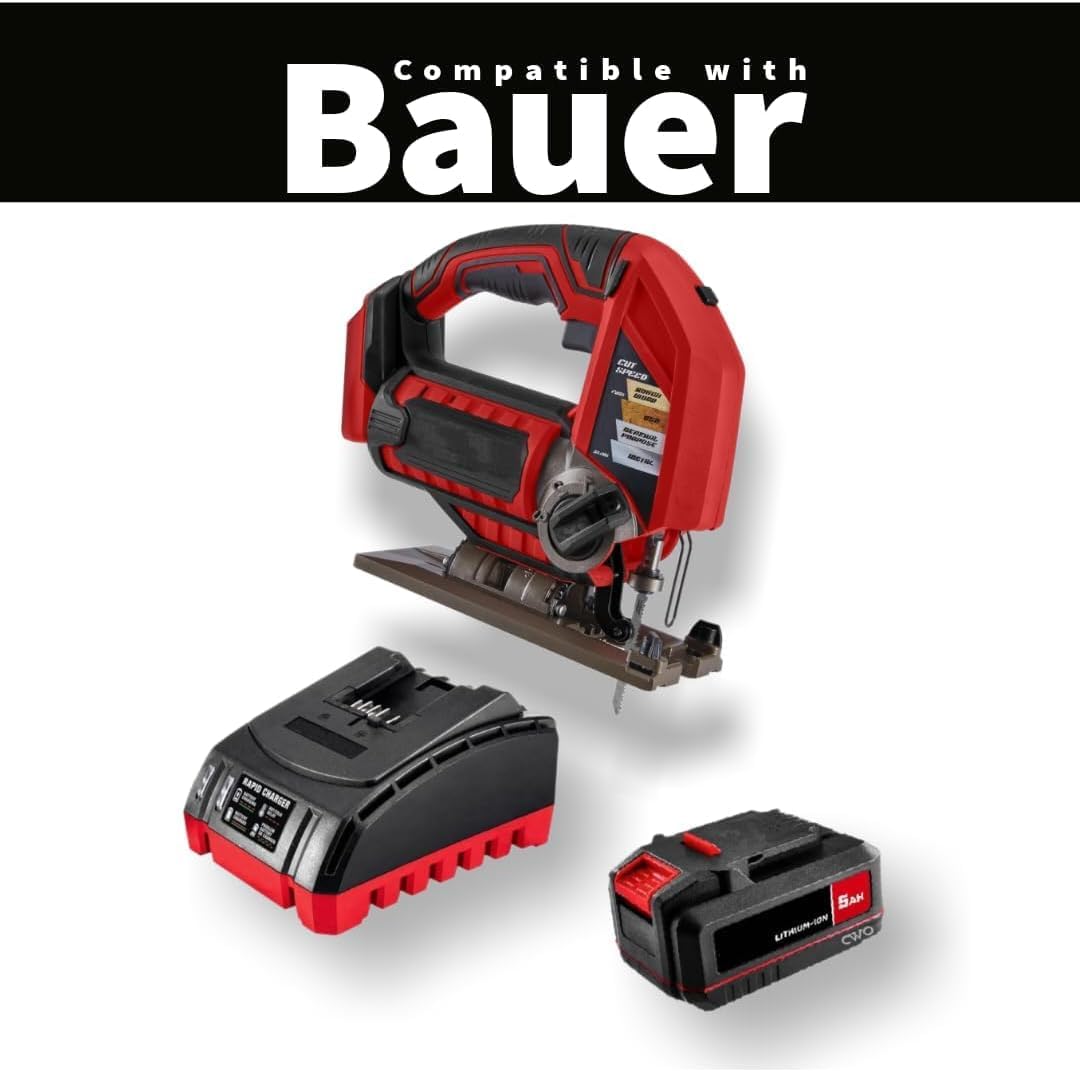 Fits BAUER 20V Cordless Variable Speed Jig Saw Kit with 5Ah Lithium Ion Battery & 20V Rapid Charger - Designed for Precise Control & Superior Cutting Performance in a Wide Variety of Materials