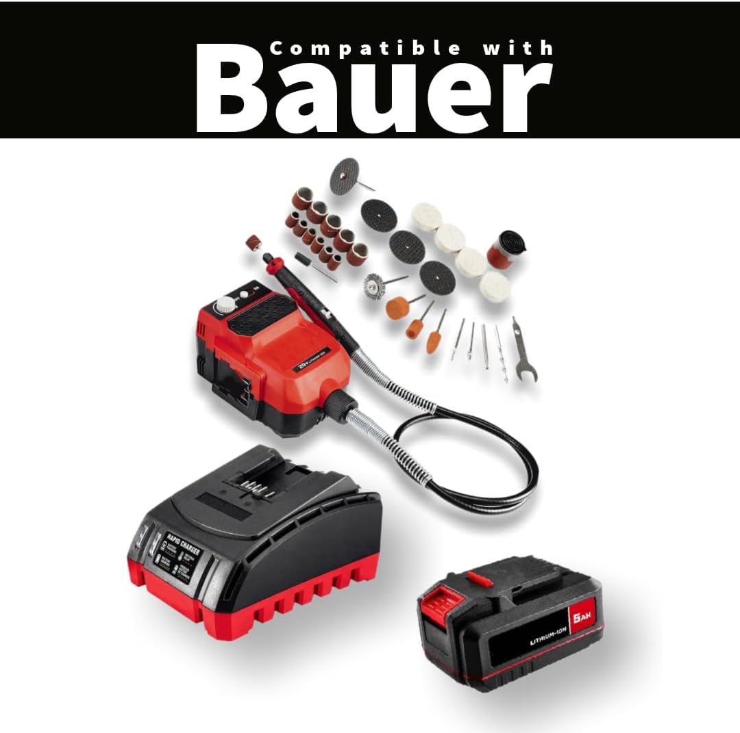 NEW! 20-Volt Lithium-Ion Cordless Combo Kit (Complete Power Tool Bundle) 20V Variable-Speed Rotary Tool Kit, 36-Piece, 5Ah Lithium Ion Battery & Rapid Charger - Fits All BAUER 20V Tools