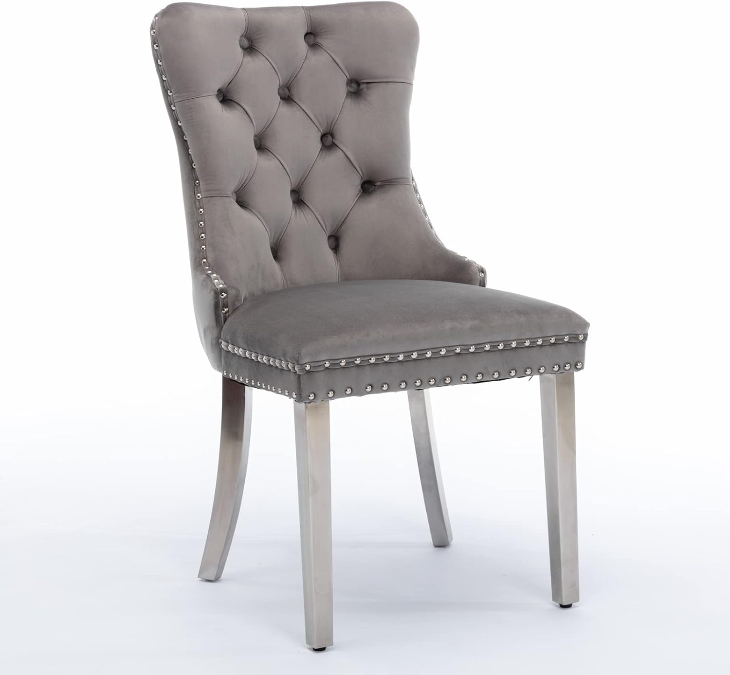Ball & Cast Contemporary Upholstered Dining Chairs Set of 2, Velvet Button Tufted Kitchen Side-Chairs with Hang Ring & Nailhead Trims & Chrome Solid Wood Legs, 2-Piece Traditional Chair, Chrome+Gray
