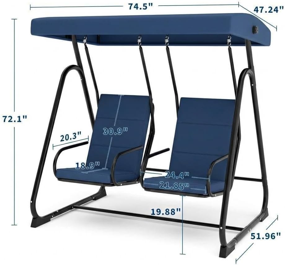 GarveeLife 2 Person Porch Swing Chair, Heavy Duty Outdoor Patio Swing Glider with Adjustable Canopy & Removable Cushions, Independent Swing Chairs for Garden, Balcony, Poolside, Backyard, Dark Blue