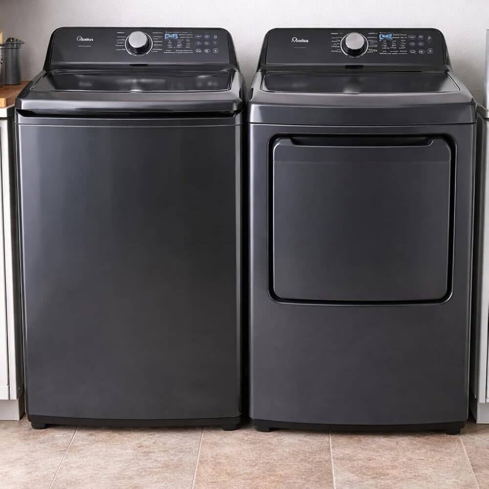 Midea MLTW44A4BGK1 Black Smart Laundry Pair 4.4 Cu Ft Top Load Washer and 7 Cu Ft Electric Dryer Bundle 10 Cycles 4 Te