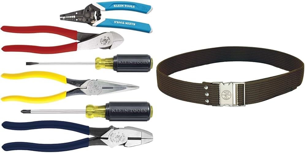 Klein Tools 80080 6-Piece Hand Tool Kit with 2 Screwdrivers, 3 Pliers, Wire Stripper and Cutter and Klein Tools 5225 48-Inch Waist Electrician Tool Belt