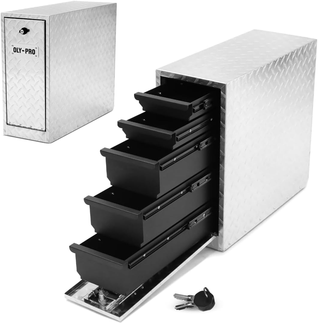 Truck Bed Tool Box with 5-Drawer Slides | Lockable Heavy-Duty Tool Chest Storage for Pickup, Jobsite & Side Trucks | 8-Inch Toolbox with Key (Silver Aluminum)