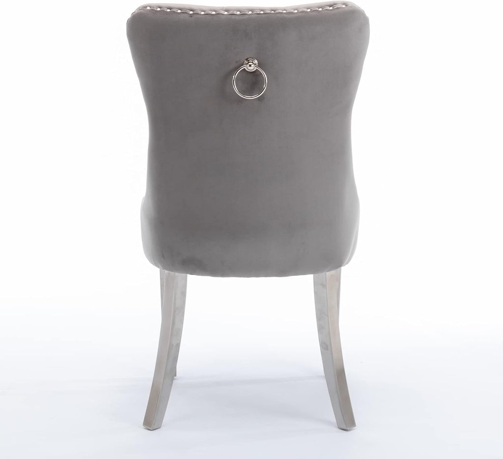 Ball & Cast Contemporary Upholstered Dining Chairs Set of 2, Velvet Button Tufted Kitchen Side-Chairs with Hang Ring & Nailhead Trims & Chrome Solid Wood Legs, 2-Piece Traditional Chair, Chrome+Gray
