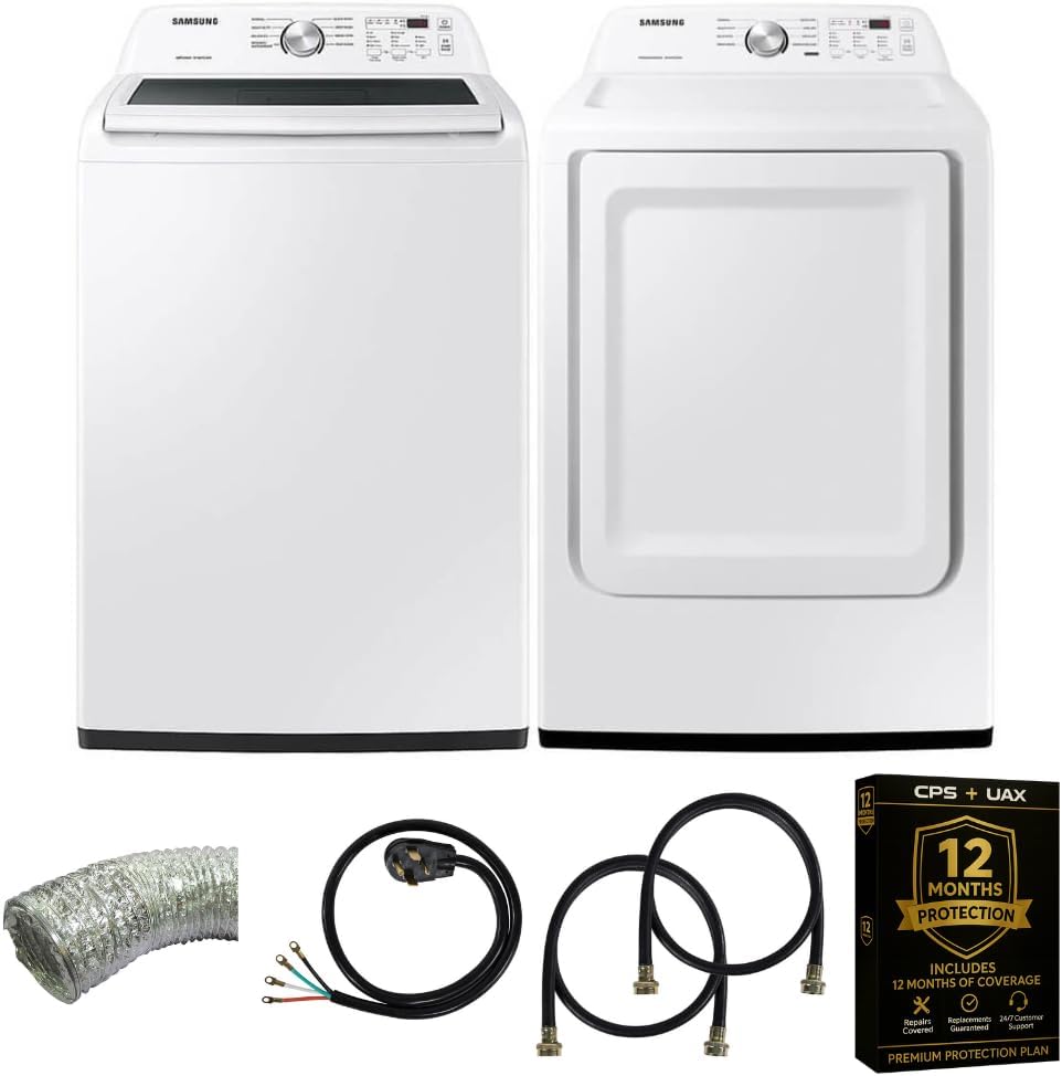 Samsung Smart 4.7 Cu Ft Top Load Washer & 7.4 Cu Ft Electric Dryer, Sensor Stops Overdrying, Low Vibration Quiet Wash, WaterJet w/Power Cords, Hoses, Vent Duct, 1 Year CPS Protection Bundle (White)