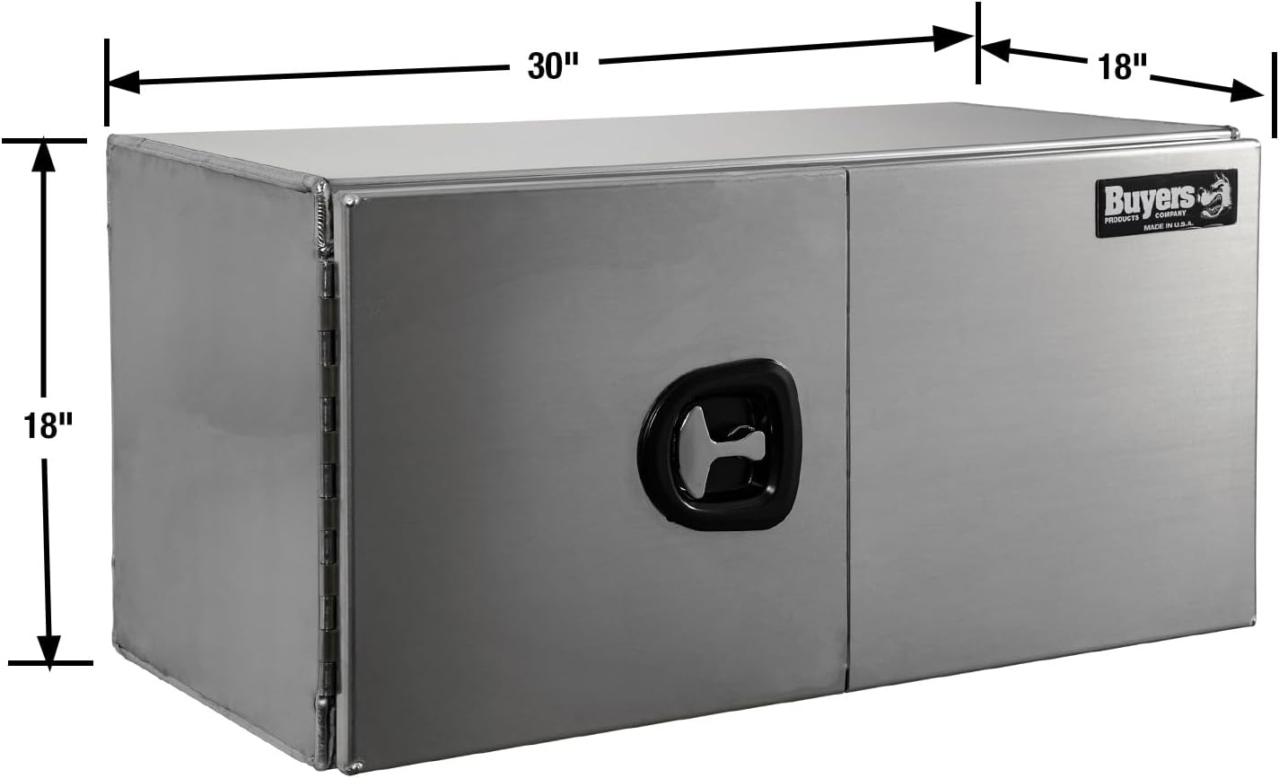 Buyers Products 1705403 Pro Series 18x18x30 Smooth Aluminum Underbody Truck Tool Box, Single Barn Door, Compression Latch, 0.125 in Thick, Rain Gutter & Bulb Seal, Bolt-On Stainless Hinge