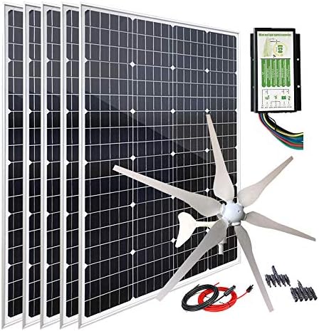 1000W Solar Panel Kit with 400W Wind Turbine Generator + 5pcs 120W Mono Solar Panel + 3000W 12V to 120V Power Inverter + Hybrid Charge Controller for 12V Battery Charge