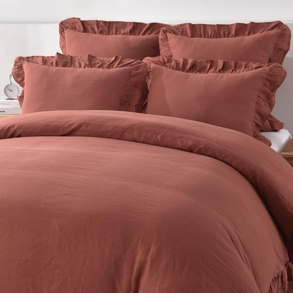 meadow park 100% Stone Washed Linen Duvet Cover Set 3 Pieces, King Size 104 inches x 92 inches, Sham 20 inches x 36 inches, Ruffled Style, Button Closure, Corner Ties, Super Soft, Cayenne Color