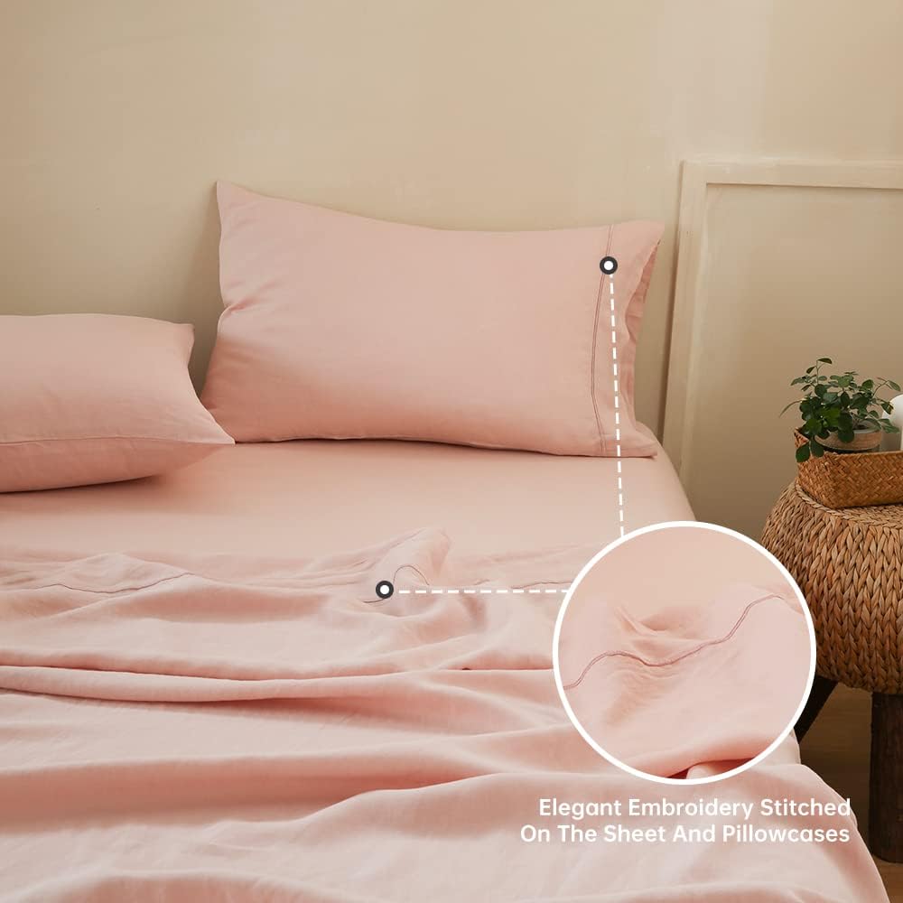 Simple&Opulence 100% Linen Sheet Set with Embroidery Washed - 4 Pieces (1 Flat Sheet & 1 Fitted Sheet & 2 Pillowcases) Natural Flax Soft Bedding Breathable Farmhouse - Pink, King Size