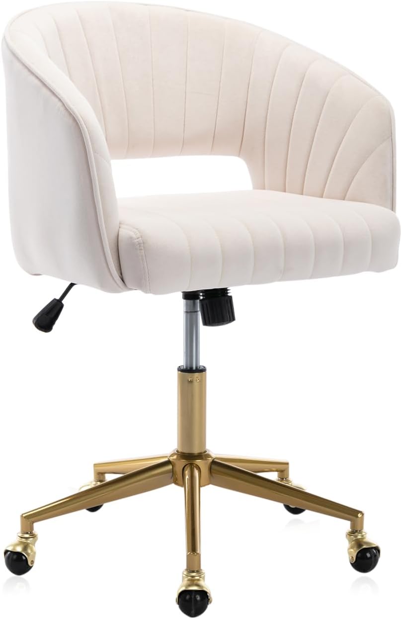 Eifizek Velvet Office Desk Chair, Modern Home Desk Chair with Wheels & Gold Base, Swivel Vanity Chair for Bedroom, Office, Living Room Vanity Study (Ivory)