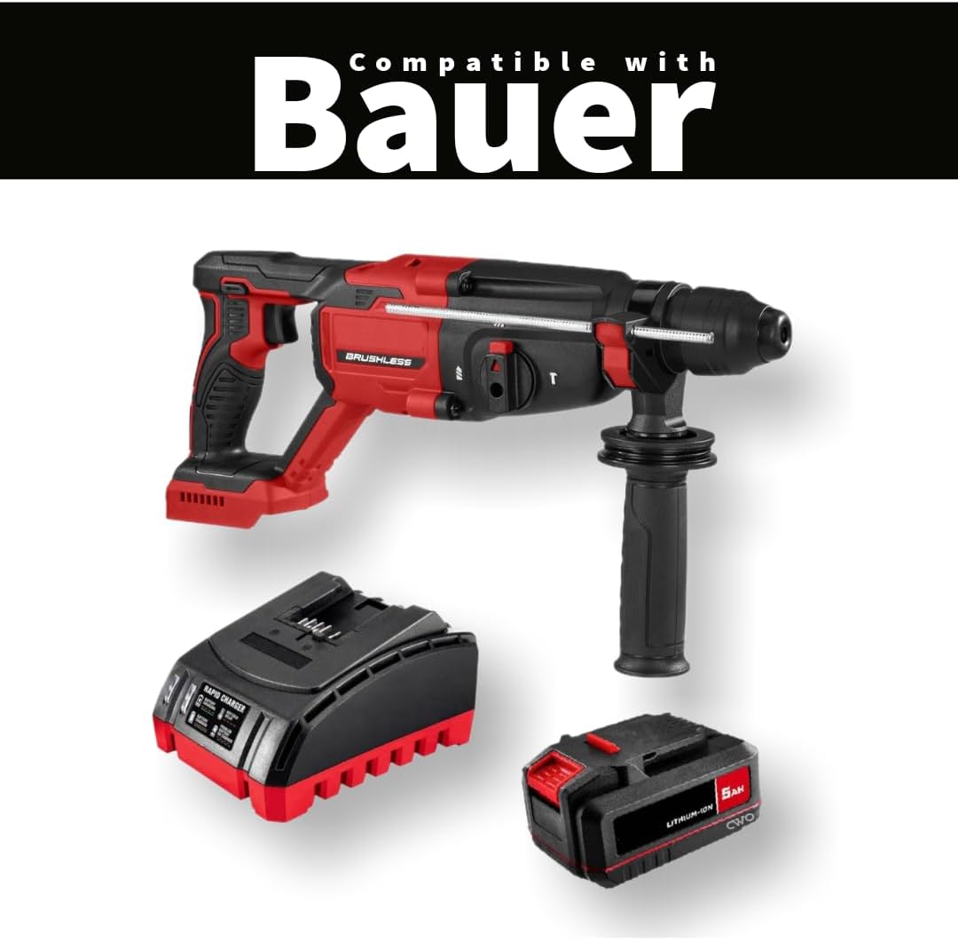 NEW! 20-Volt Lithium-Ion Cordless Combo Kit (Complete Power Tool Bundle) with 20V Brushless Cordless 1 in. SDS-PLUS Type Rotary Hammer, 20V 5Ah Battery & 20V Rapid Charger - Fits All BAUER 20V Tools