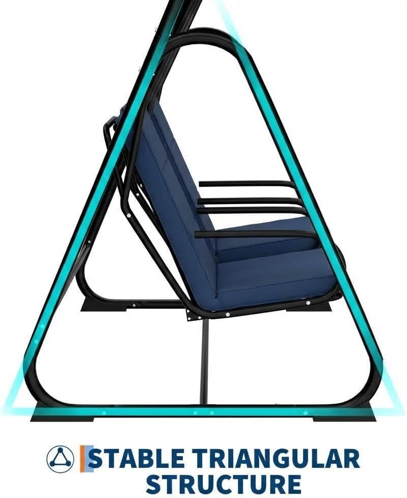 GarveeLife 2 Person Porch Swing Chair, Heavy Duty Outdoor Patio Swing Glider with Adjustable Canopy & Removable Cushions, Independent Swing Chairs for Garden, Balcony, Poolside, Backyard, Dark Blue