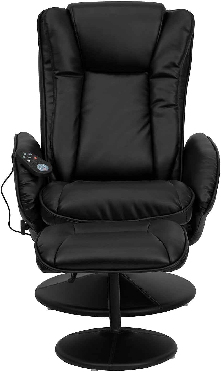 Flash Furniture Poppy Massaging Multi-Position Plush Recliner with Side Pocket and Ottoman in Black LeatherSoft