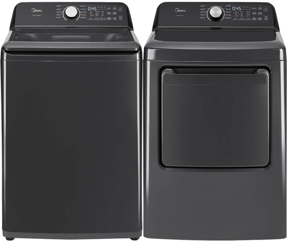 Midea MLTW44A4BGK1 Black Smart Laundry Pair 4.4 Cu Ft Top Load Washer and 7 Cu Ft Electric Dryer Bundle 10 Cycles 4 Te