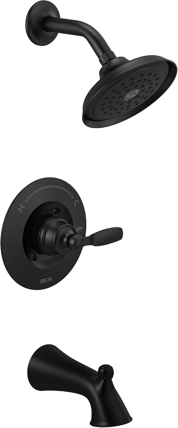 Delta Faucet Woodhurst 14 Series Single-Handle Matte Black Tub and Shower Faucet, Shower Trim Kit with Single-Spray Matte Black Shower Head, Matte Black T14432-BL (Valve Not Included)