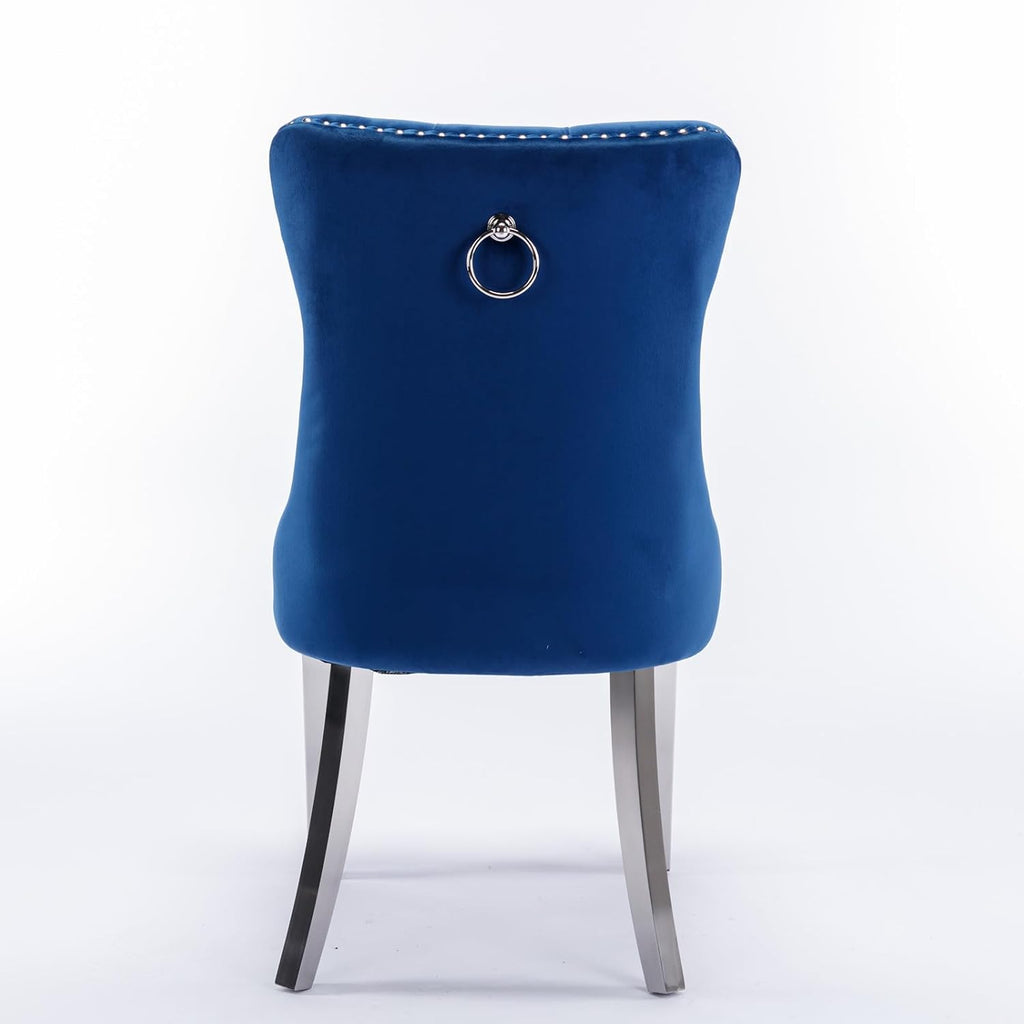 Ball & Cast Contemporary Upholstered Dining Chairs Set of 2, Velvet Button Tufted Kitchen Side-Chairs with Hang Ring & Nailhead Trims & Chrome Solid Wood Legs, 2-Piece Traditional Chair, Chrome+Blue
