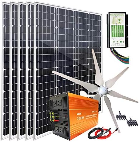 1000W Solar Panel Kit with 400W Wind Turbine Generator + 5pcs 120W Mono Solar Panel + 3000W 12V to 120V Power Inverter + Hybrid Charge Controller for 12V Battery Charge
