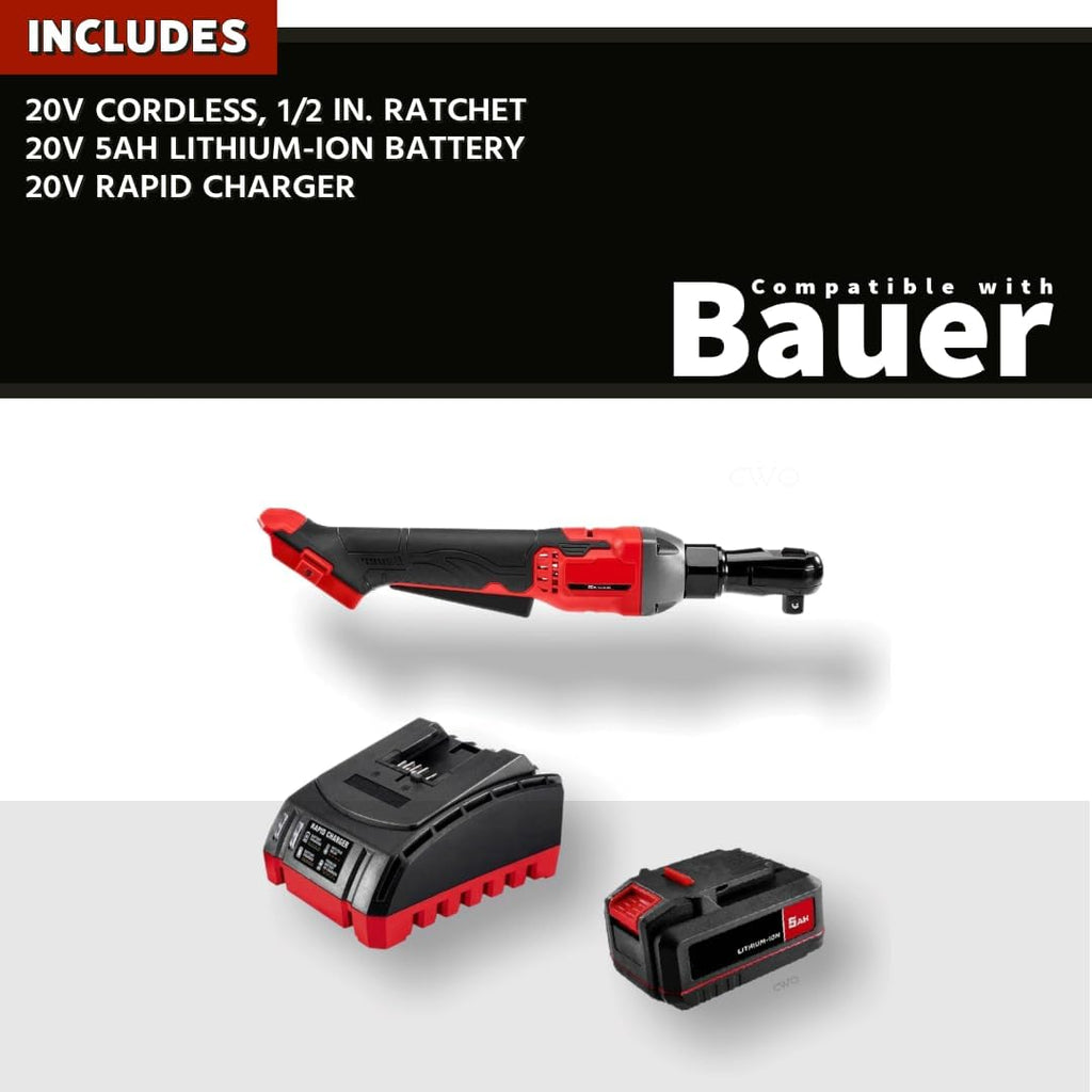 NEW! 20-Volt Lithium-Ion Cordless Combo Kit (Complete Power Tool Bundle) with 20V Cordless, 1/2 in. Ratchet, 20V 5Ah Lithium Ion Battery & 20V Rapid Charger - Fits All BAUER 20V Tools