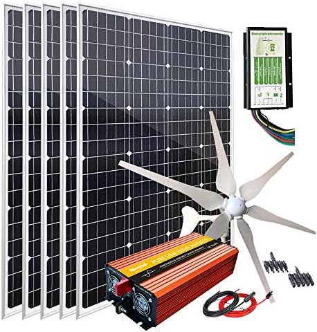 1000W Solar Panel Kit with 400W Wind Turbine, 5X 120W Mono Panels, 3000W Inverter & Hybrid Charge Controller for 12V Battery Charging System