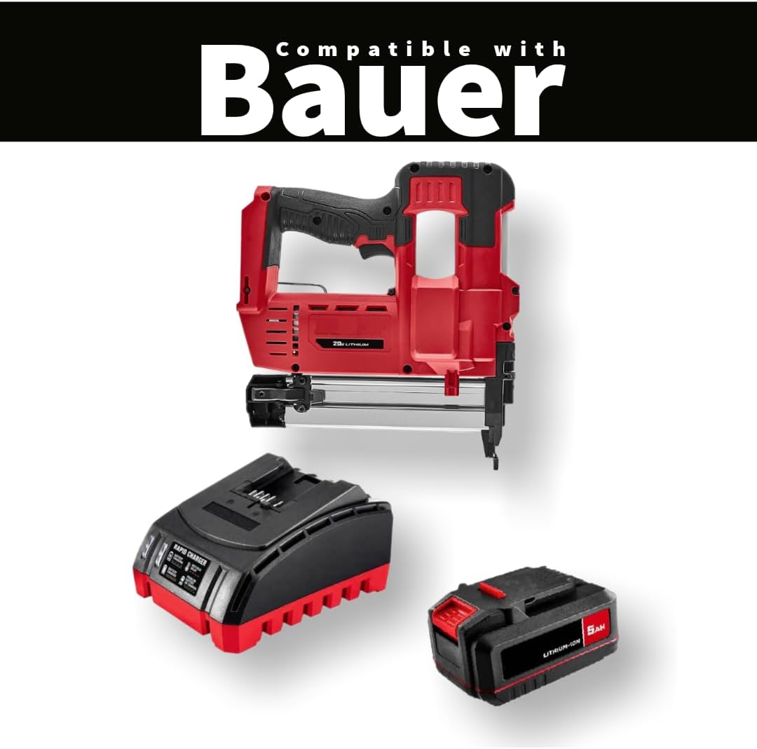 NEW! 20-Volt Lithium-Ion Cordless Combo Kit (Complete Power Tool Bundle) with 20V Cordless 18 Gauge Brad Nailer, 20V 5Ah Lithium Ion Battery & 20V Rapid Charger - Fits All BAUER 20V Tools