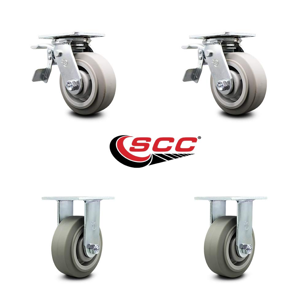 Service Caster Brand Replacement Set for Milwaukee Steel Work Cart Casters-Swivel Top Plate Heavy Duty Casters with 5 Inch Thermoplastic Rubber Flat Tread Wheels-Includes 2 Swivel with Brakes& 2 Rigid