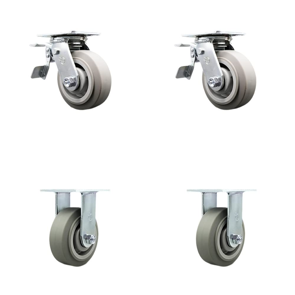 Service Caster Brand Replacement Set for Milwaukee Steel Work Cart Casters-Swivel Top Plate Heavy Duty Casters with 5 Inch Thermoplastic Rubber Flat Tread Wheels-Includes 2 Swivel with Brakes& 2 Rigid