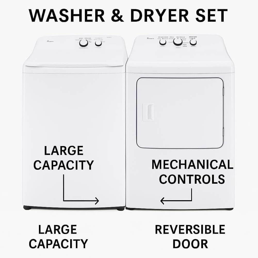 Midea White Top Load Washer and Dryer Pair 3.9 Cu Ft High Efficiency Washer and 6.7 Cu Ft Electric Dryer Bundle with 8 Cycles 4 Temperature Settings Dryer Vent Power Cable and 12 Month CPS Plan