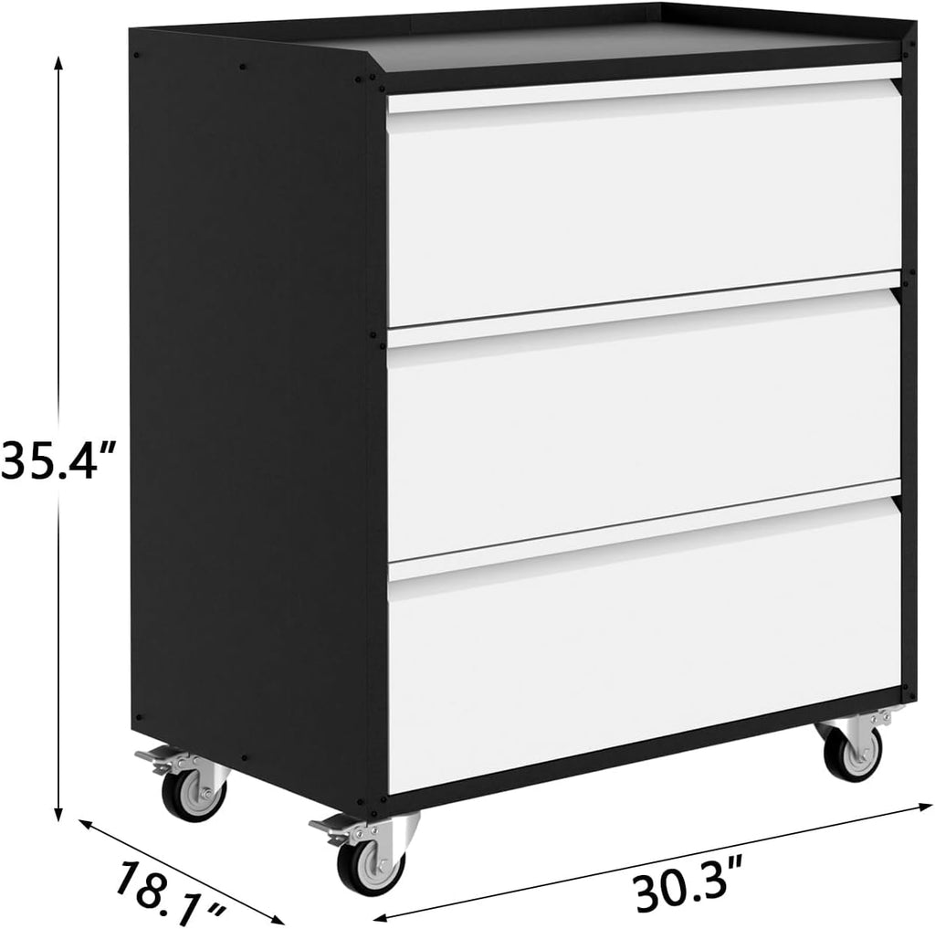 Metal Storage Cabinet with 3 Drawers on Wheels, 35.4' H Workbench Mobile Tool Chests Garage Cabinets for Garage, Workshop, Home, Office, Shop, Warehouse, Black+Grey