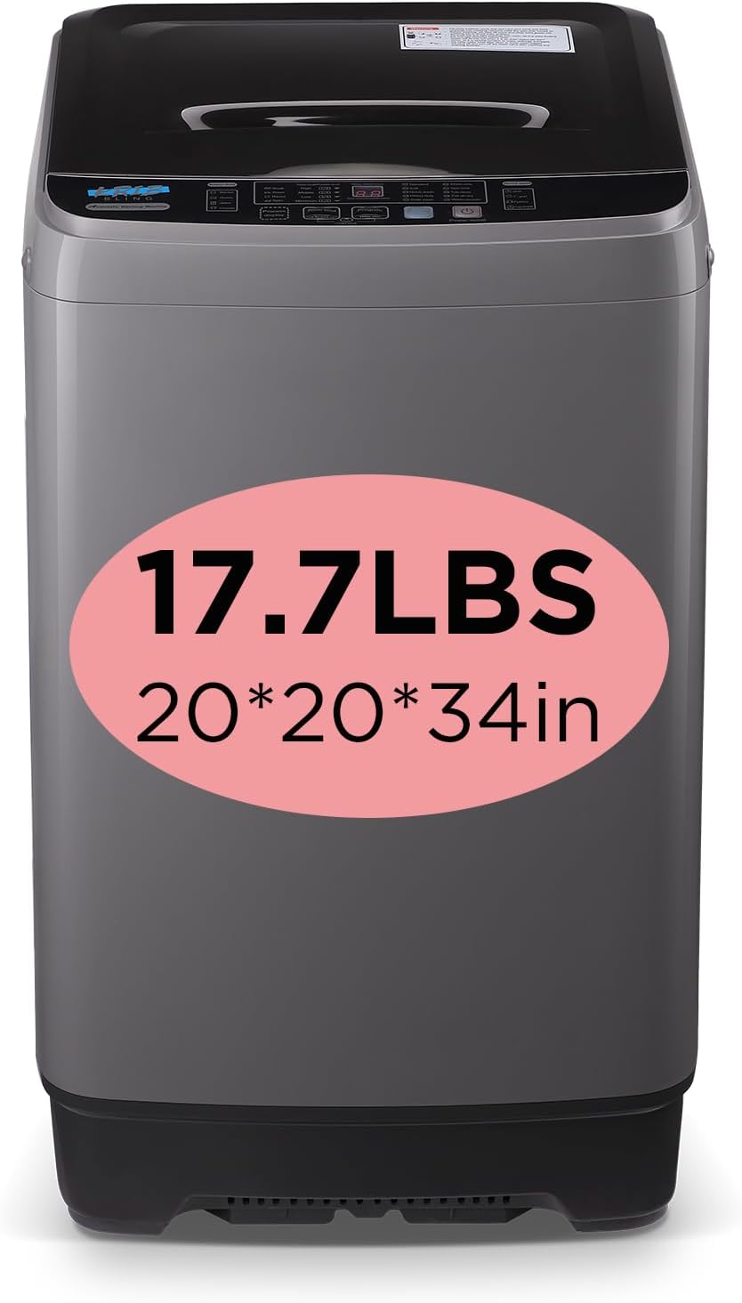 KRIB BLING Full Automatic Washing Machine with LED Display, 17.7 lbs Washer Drain Pump, 10 Programs & 8 Water Levels Selections, Ideal for Apartment, Dorm, Grey