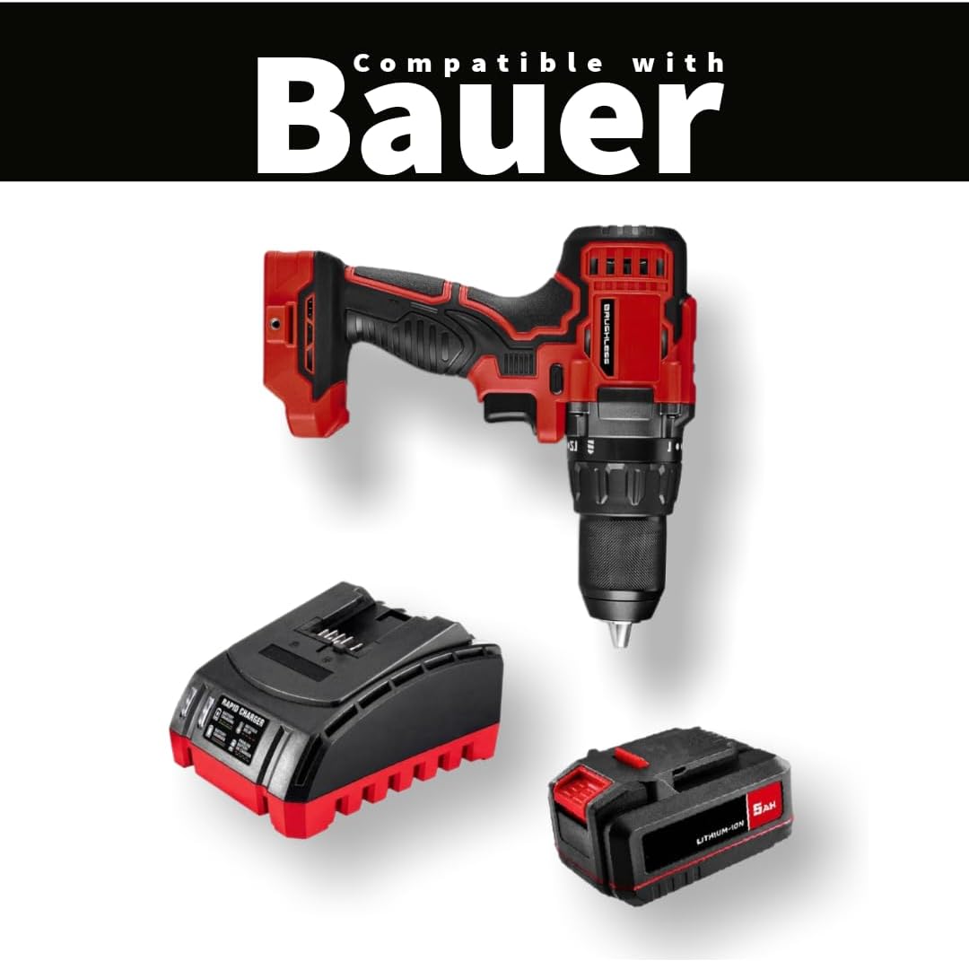 NEW! 20-Volt Lithium-Ion Cordless Combo Kit (Complete Power Tool Bundle) with 20V Brushless Cordless 1/2 in. Drill/Driver, 20V 5Ah Lithium Ion Battery & 20V Rapid Charger - Fits All BAUER 20V Tools