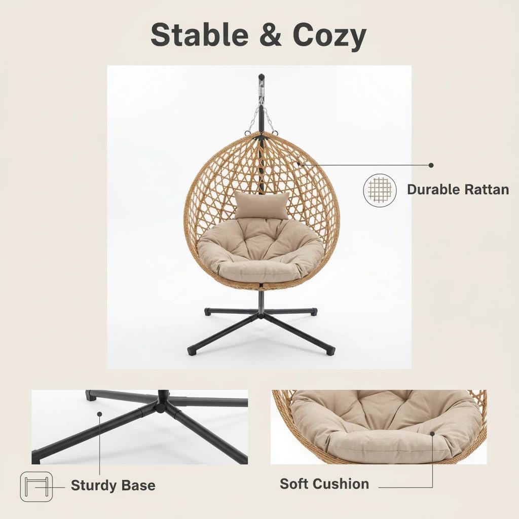 RUN.SE Hanging Egg Chair with Stand, Outdoor Indoor Egg Swing Chair with Cushion Headrest for Patio, Porch, Balcony, Bedroom, 350LBS Capacity (Dark Brown)