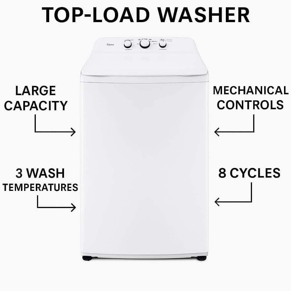 Midea White Top Load Washer and Dryer Pair 3.9 Cu Ft High Efficiency Washer and 6.7 Cu Ft Electric Dryer Bundle with 8 Cycles 4 Temperature Settings Dryer Vent Power Cable and 12 Month CPS Plan