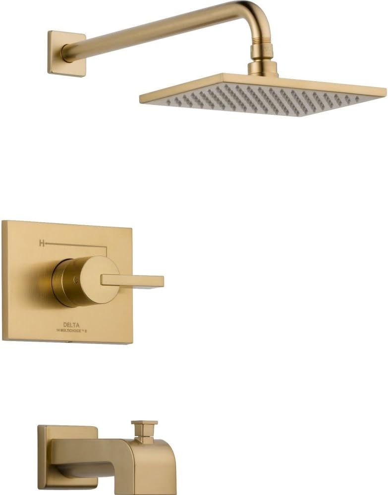 Delta Faucet Vero 14 Series Single-Function Tub and Shower Trim Kit with Single-Spray Touch-Clean Rain Shower Head, Champagne Bronze T14253-CZ (Valve Not Included)