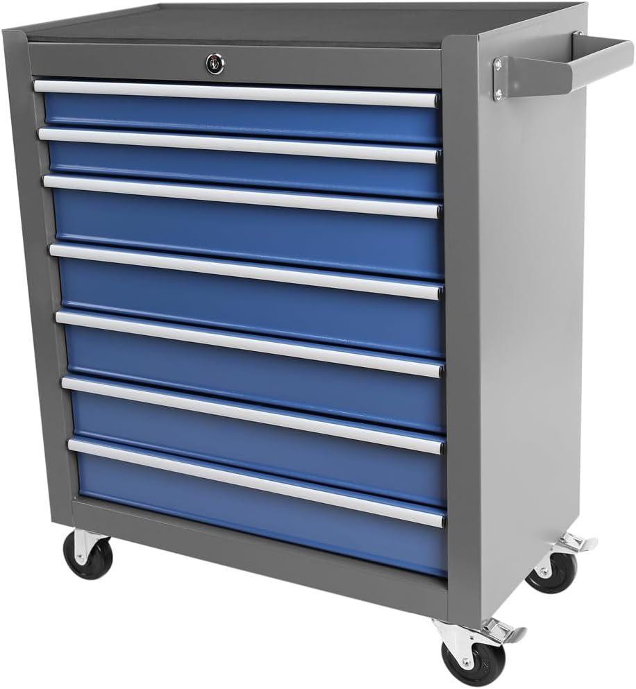 7 Drawer Rolling Tool Cart, Rolling Tool Box on Wheels, Lockable Home Repair Tool Storage Organizer, Tool Chest Cabinet for Mechanic Garage, Workshop, Home Crafts Use (Blue+Grey, 7 Drawer)