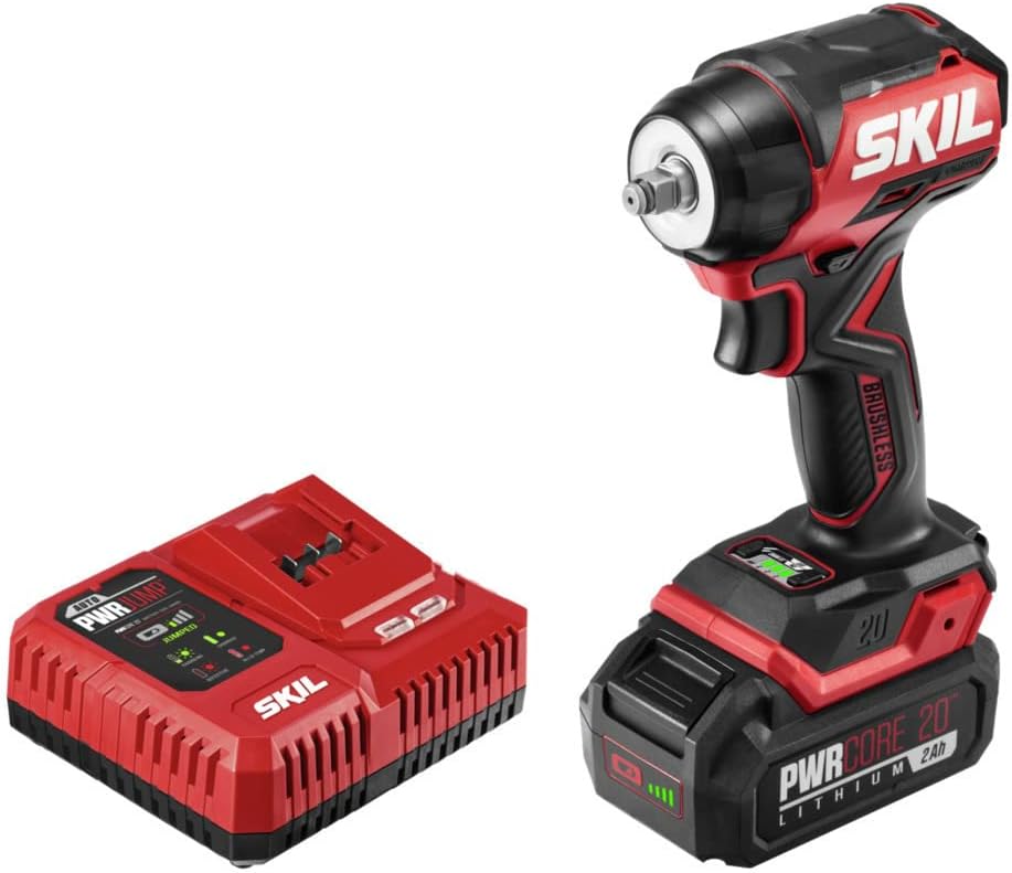 SKIL PWR CORE 20 Brushless 20V 3/8-Inch Compact Impact Wrench Kit with 3-Speed & Halo Light, Includes 2.0Ah Battery and PWR Jump Charger - IW6739B-10
