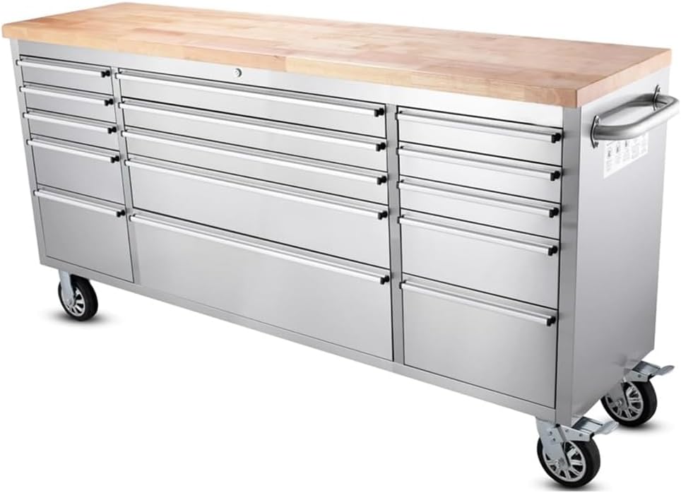 AnorTrek 72 inch Tool Chest with 15 Drawers for Garage, Workbench and Repair Store, Tool Cabinet in Stainless Steel (72 inch - Stainless Steel)