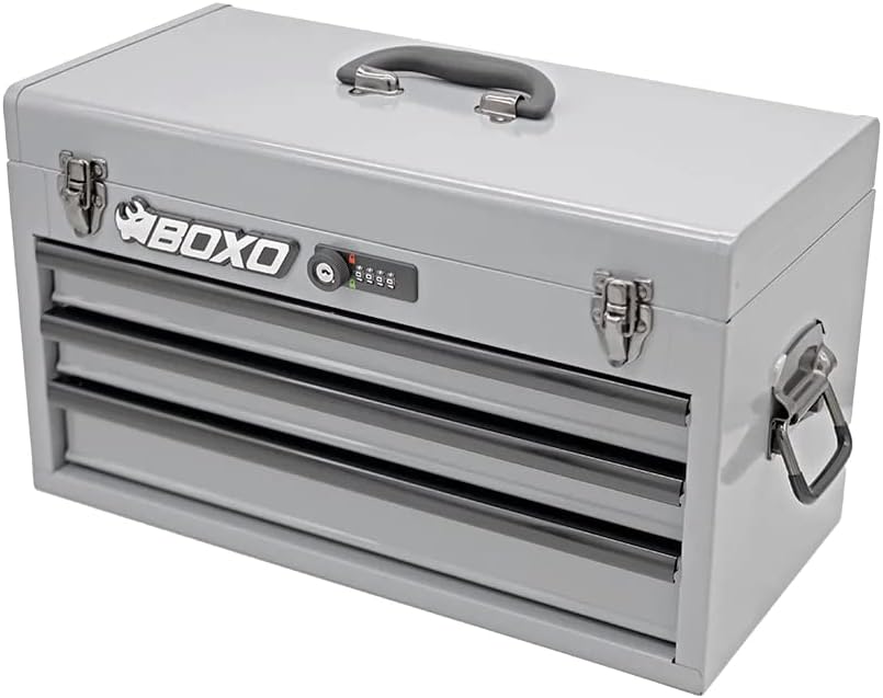 BOXO USA Heavy Duty Toolbox 159 pcs Metric & SAE Locking Tool Set with 3 Drawers Hand Carry Box (Nardo Gray)