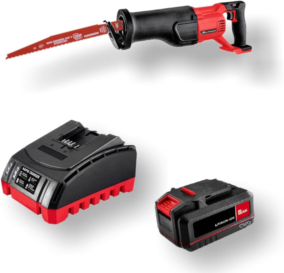 NEW! 20-Volt Lithium-Ion Cordless Combo Kit (Complete Power Tool Bundle) with 20V Brushless Cordless Reciprocating Saw, 5Ah Lithium Ion Battery & Rapid Charger - Fits All BAUER 20V Tools