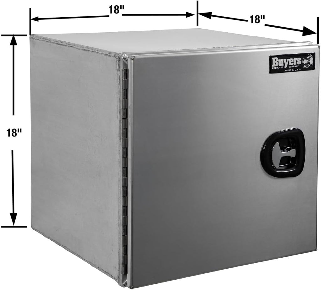 Buyers Products 1705395 Pro Series 18x18x18 Smooth Aluminum Underbody Truck Tool Box, Single Barn Door, Compression Latch, 0.125 in Thick, Rain Gutter & Bulb Seal, Bolt-On Stainless Hinge