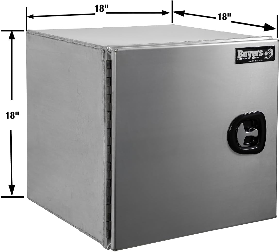Buyers Products 1705395 Pro Series 18x18x18 Smooth Aluminum Underbody Truck Tool Box, Single Barn Door, Compression Latch, 0.125 in Thick, Rain Gutter & Bulb Seal, Bolt-On Stainless Hinge