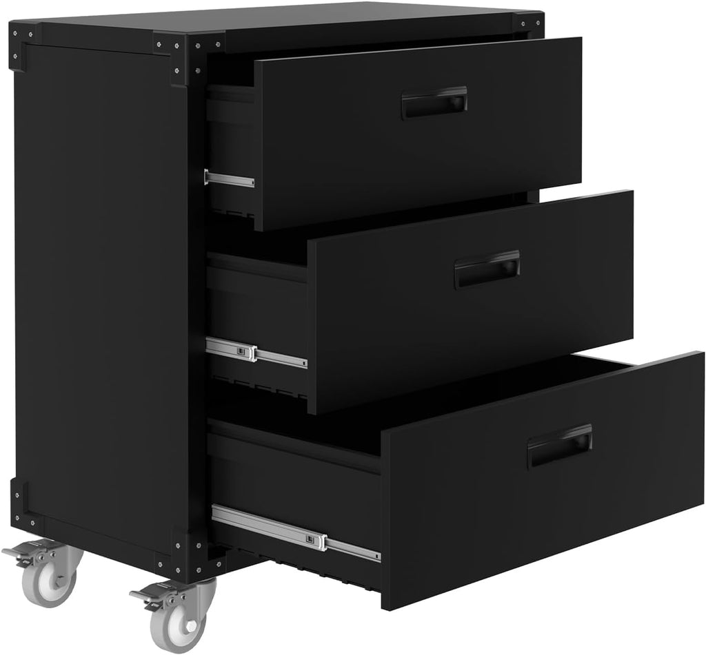 Metal Storage Cabinet with 3 Drawers on Wheels, Heavy Duty Mobile Rolling Tool Cart & Tool Chest, Lockable Utility Cabinet for Garage, Workshop, Home, Office, Warehouse, Black