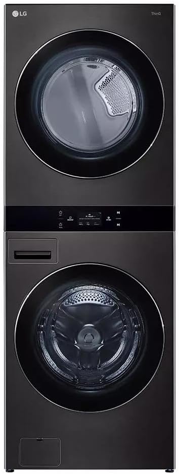 LG WashTower Stacked Smart Laundry Center 5.0 Cu.Ft. Front Load Washer & 7.4 Cu.Ft. Electric Dryer in Black Steel w/Steam