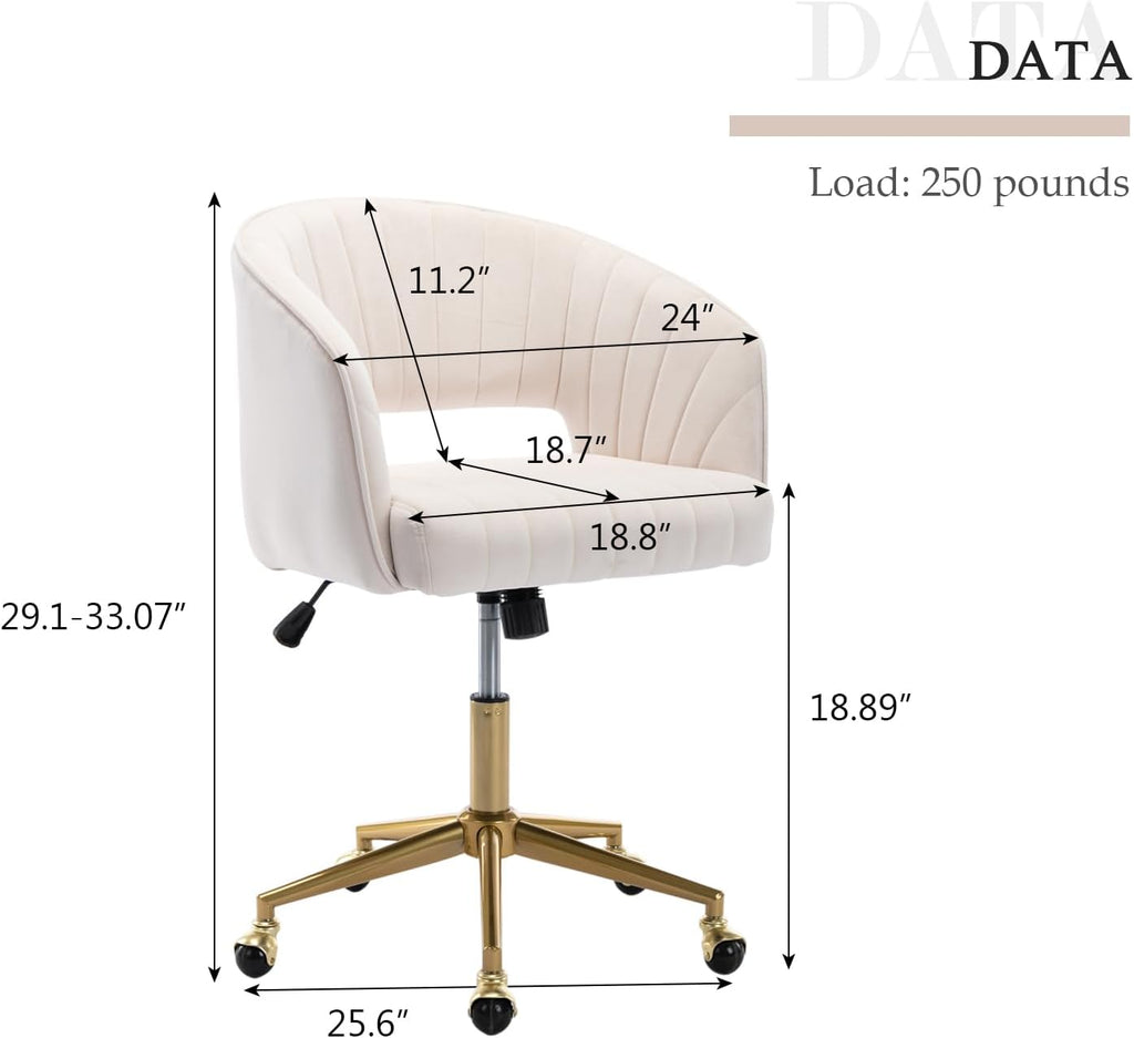 Eifizek Velvet Office Desk Chair, Modern Home Desk Chair with Wheels & Gold Base, Swivel Vanity Chair for Bedroom, Office, Living Room Vanity Study (Ivory)