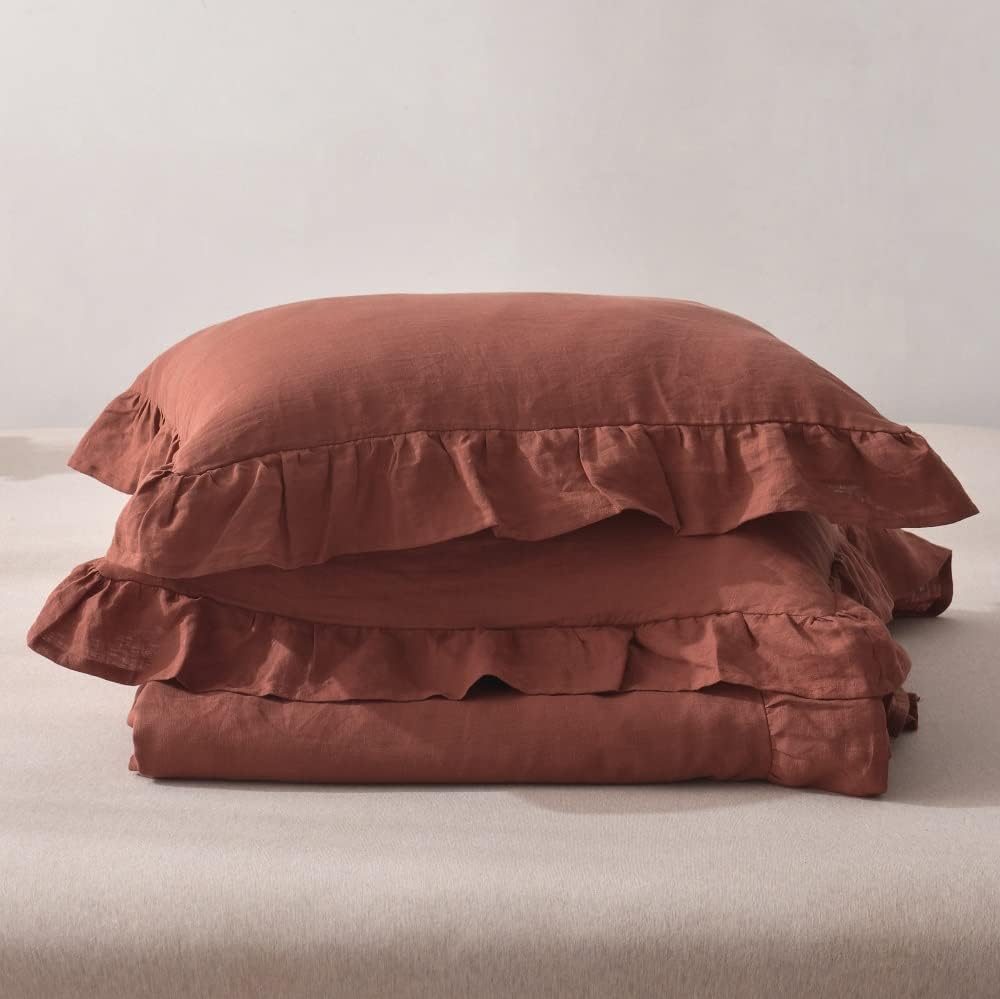 meadow park 100% Stone Washed Linen Duvet Cover Set 3 Pieces, King Size 104 inches x 92 inches, Sham 20 inches x 36 inches, Ruffled Style, Button Closure, Corner Ties, Super Soft, Cayenne Color