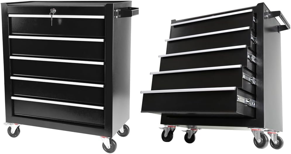Black 5 Drawer Rolling Tool Cart - Lockable Home Repair Tool Storage Organizer with Wheels for Mechanic Garage, Workshop & Home Crafts Use