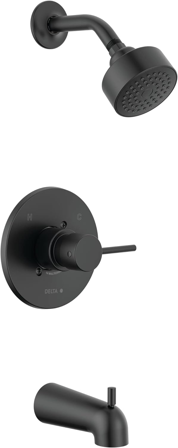 Delta Modern 14 Series Bathtub and Shower Faucet Set, Matte Black Shower Head and Handle Set, Valve Trim Kit, Matte Black T14459-BL-PP (Valve Not Included)