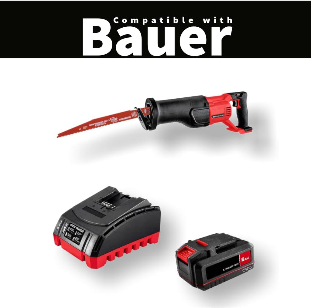 NEW! 20-Volt Lithium-Ion Cordless Combo Kit (Complete Power Tool Bundle) with 20V Brushless Cordless Reciprocating Saw, 5Ah Lithium Ion Battery & Rapid Charger - Fits All BAUER 20V Tools