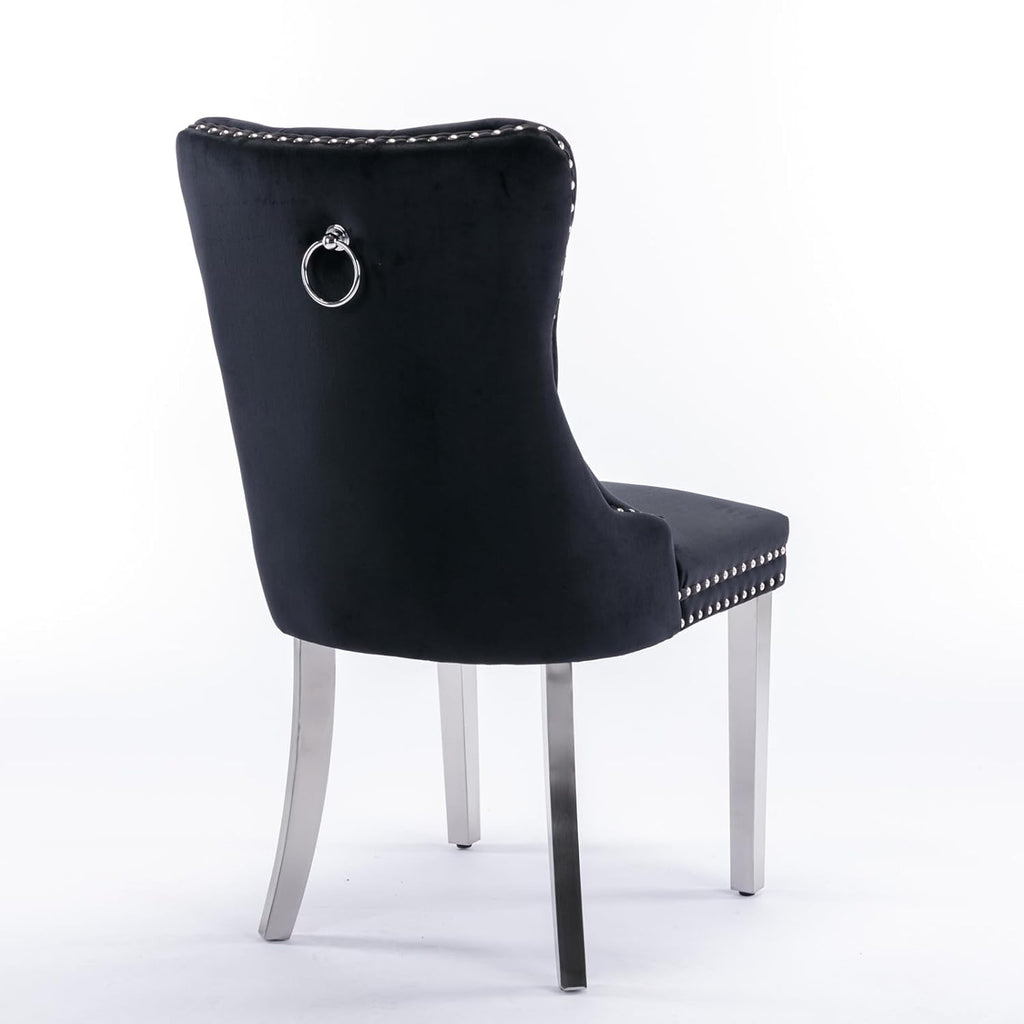 Ball & Cast Contemporary Upholstered Dining Chairs Set of 2, Velvet Button Tufted Kitchen Side-Chairs with Hang Ring & Nailhead Trims & Chrome Solid Wood Legs, 2-Piece Traditional Chair, Chrome+Black